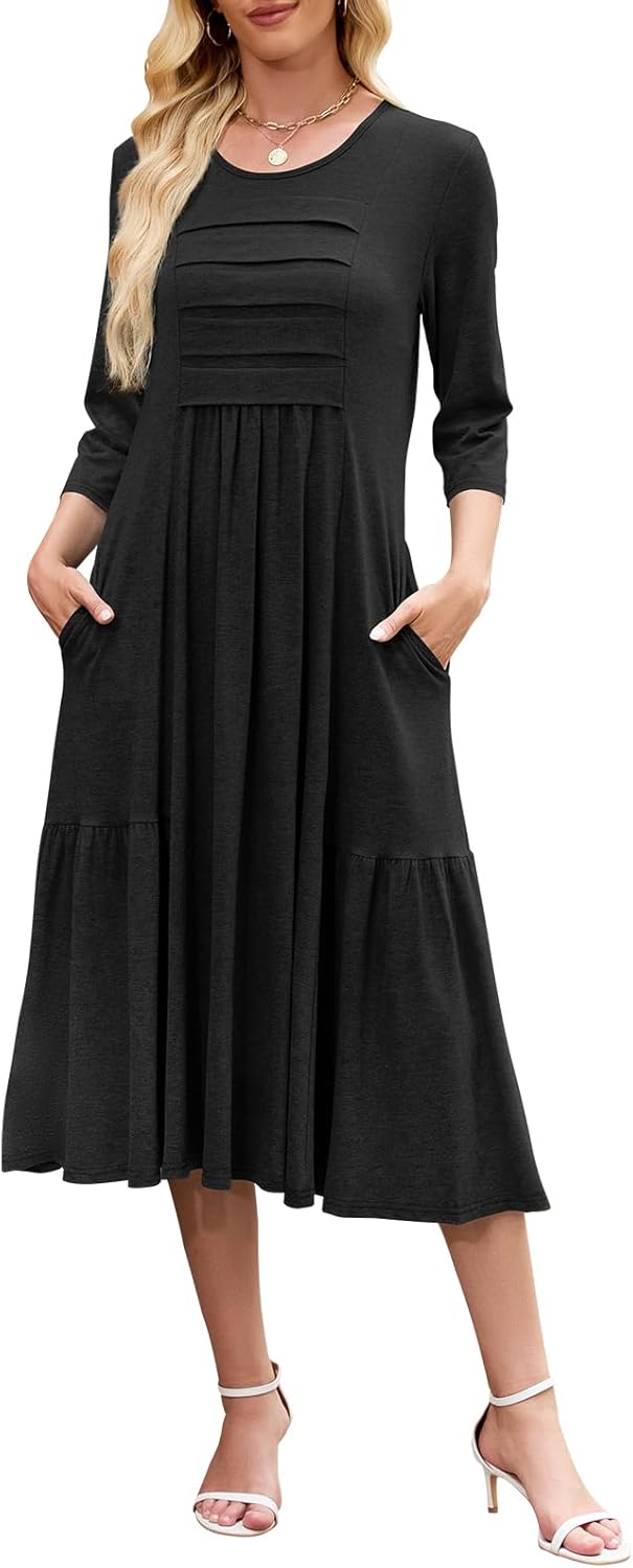 Womens 2025 Casual Midi Dress Fall A Line Pleated Flowy 3/4 Sleeve T Shirt Beach Travel Dresses with Pockets
