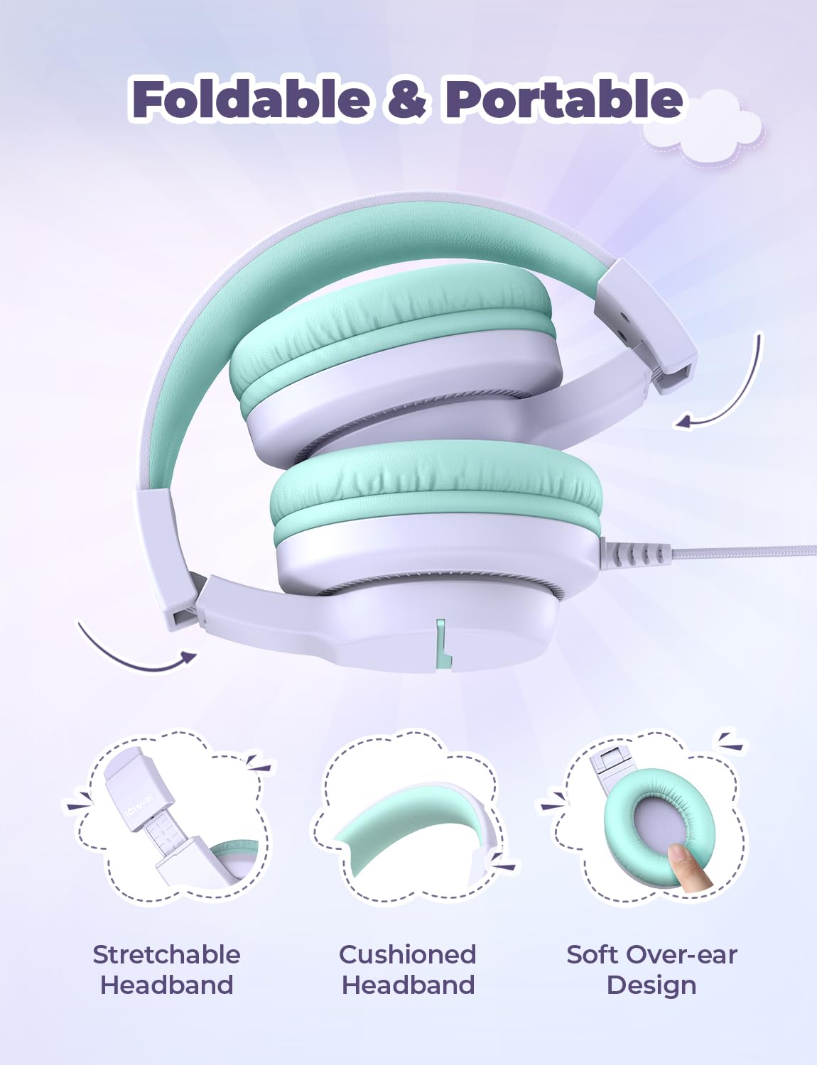 iClever Słuchawki dla dzieci, zestaw słuchawkowy HD stereo z mikrofonem, ogranicznik głośności 85/94 dB, funkcja udostępniania, składane słuchawki do szkoły, podróży, telefonu, Kindle, PC/MP3