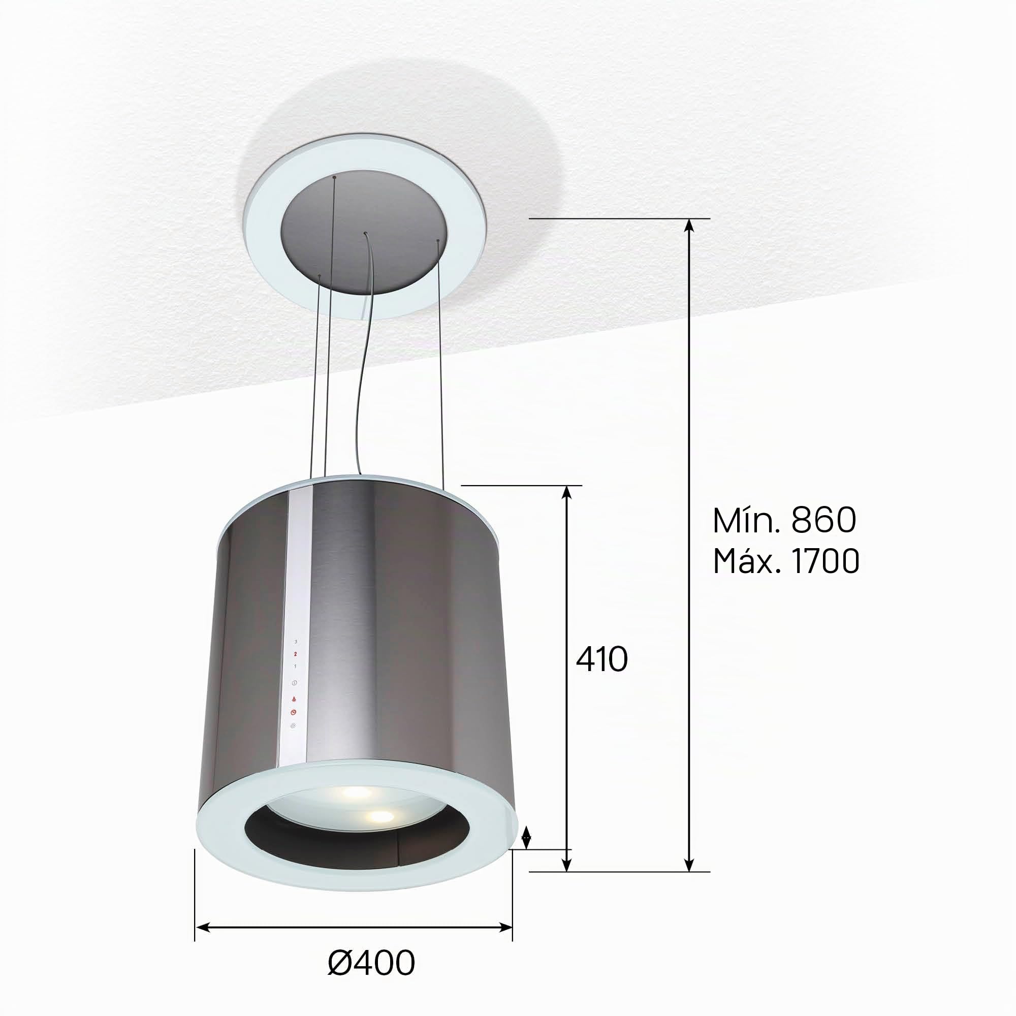 Cata Campana Extractora ISLA MOON, 3 Velocidades, Panel Control Táctil, Capacidad Extracción 645m3/h, Motor BT2 Extra Silencioso, LED, Fácil Instalación, Filtros Incluidos, Acabo Inox y Cristal Blanco
