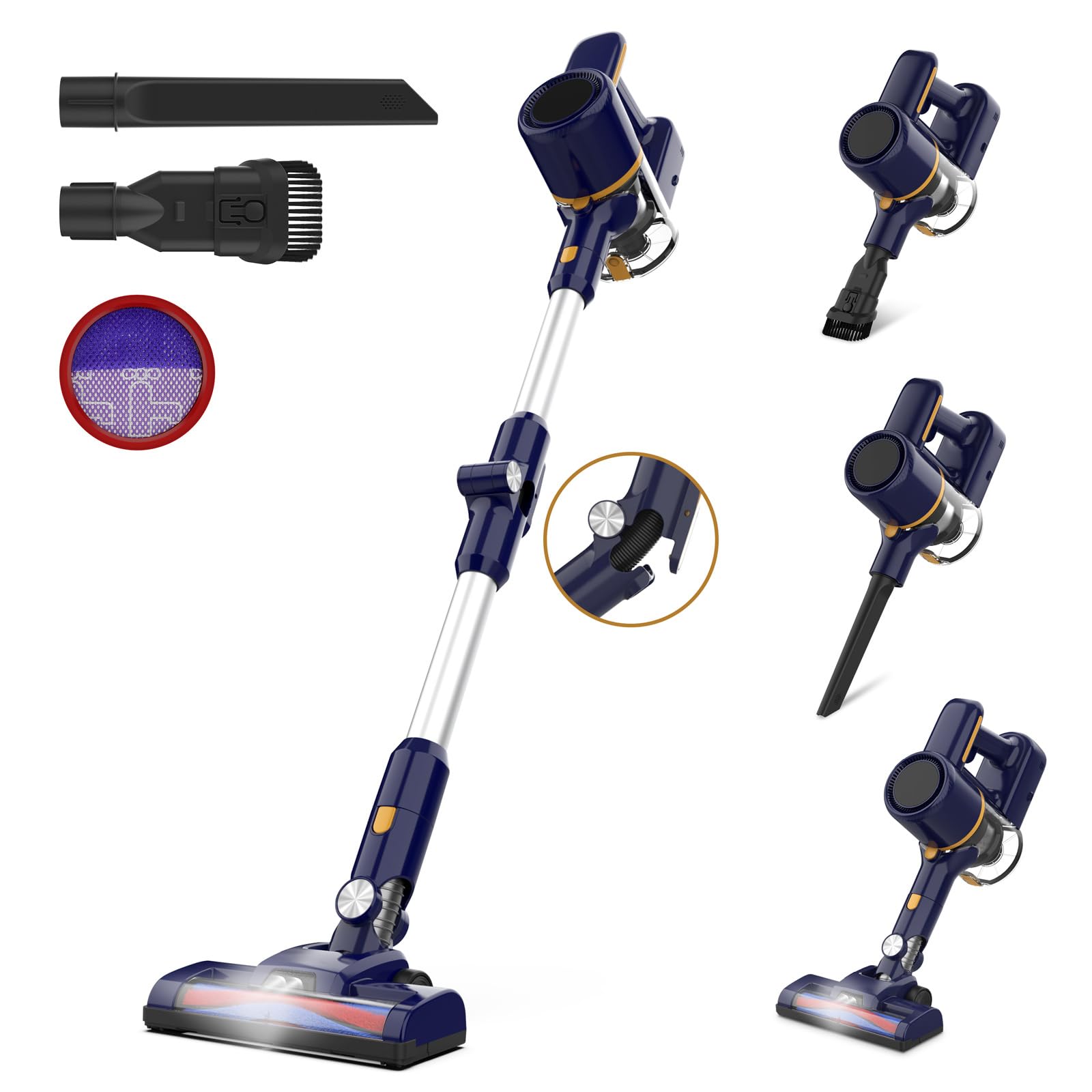 Aspirapolvere Senza Fili, Scopa elettrica Pieghevole, Senza Sacco, 20kPa, Luce LED, Due filtri a spugne, Autonomia 40 Min, Pavimenti Tappeto Peli di Animali Domestici