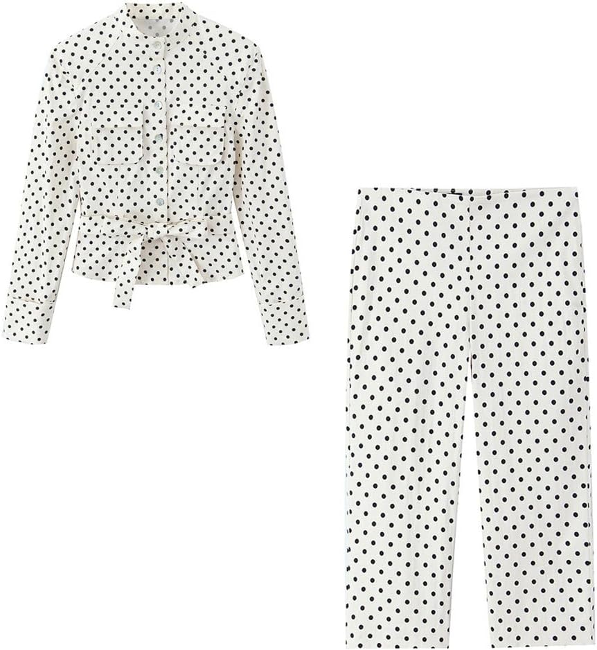 Women Polka Dot Two Piece Outfits Long Sleeve Button Down Bowknot Top and Wide Leg Pants Set Summer Casual Outfits