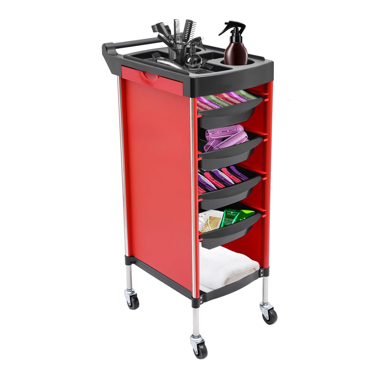 6 Etagen Friseurwagen mit 4 Schubladen und Räder, Bedienungswagen, Friseur Arbeitswagen Drehbar, Beauty Salon Trolley, Friseur Zubehör, Einziehbare Ablagen, 36 x 37 x 85cm (Rot)