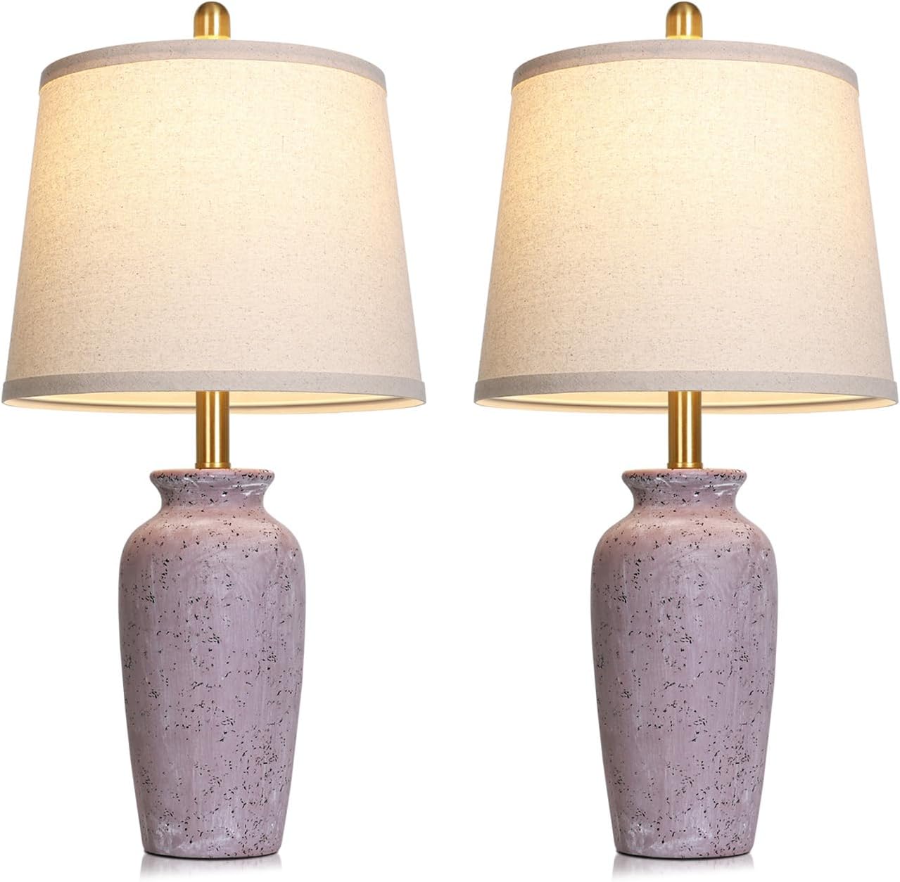 Cinsary 24.5"Farmhouse Jar Ceramic Table Lamps Set of 2, Vintage Rustic Bedside Nightstand Lamps with 2 LED Bulbs, Purple Farmhouse Table Lamps for Living Room End Table Bedroom Country Cottage Decor