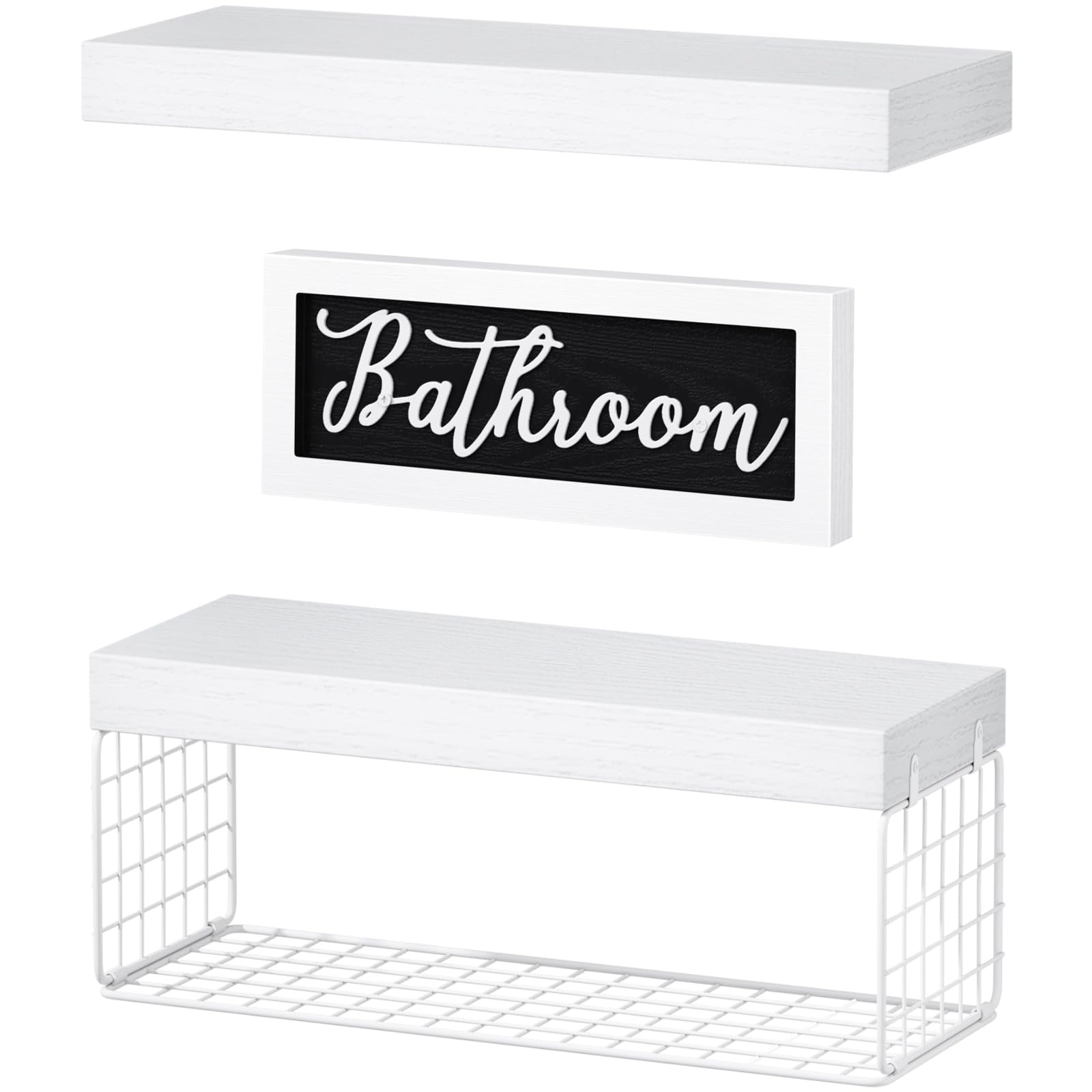 QEEIG Estantes de decoración de baño, juegos de decoración de pared de granja, estantes flotantes sobre el inodoro, soporte de papel higiénico pequeño 2+1, 16 pulgadas, blanco