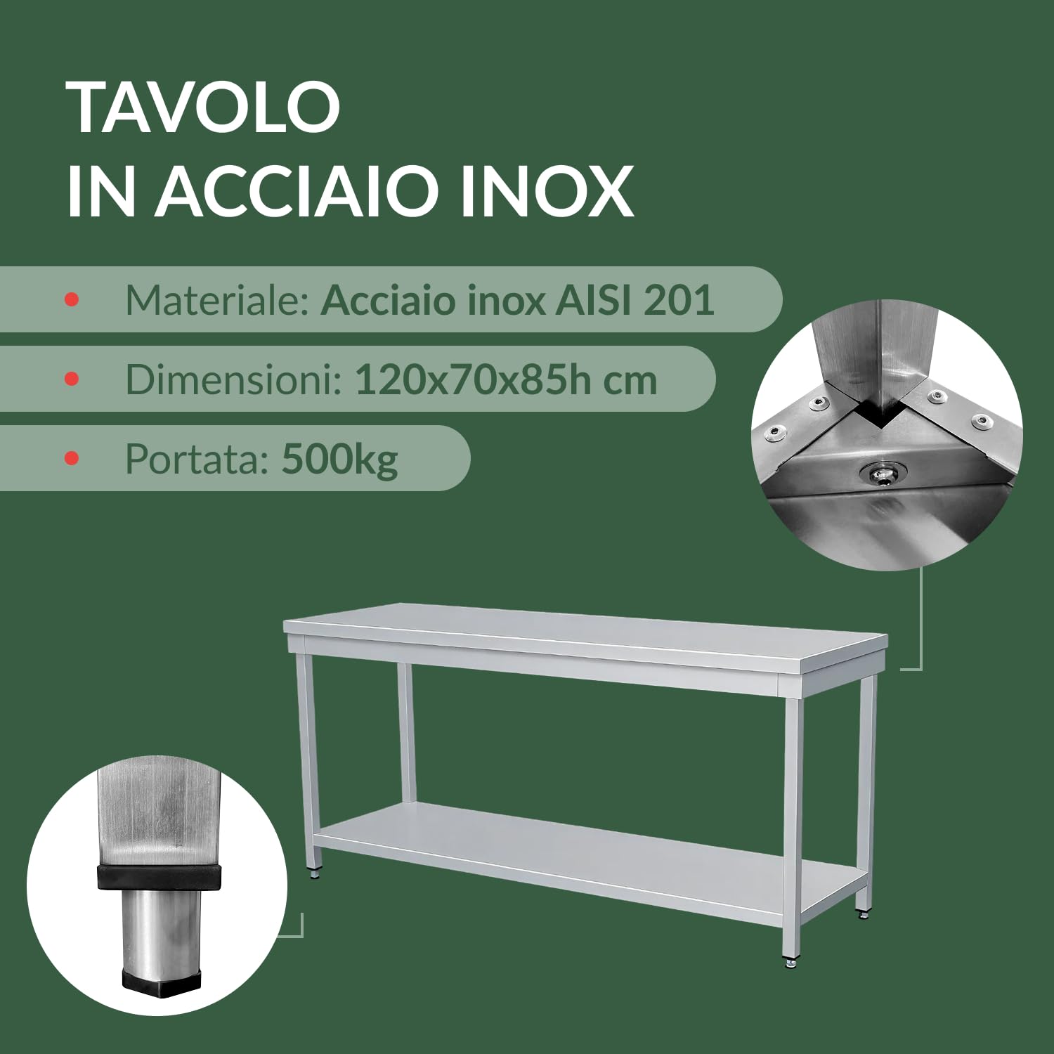 Tavolo in acciaio inox 120x70x85h cm su gambe con piano di fondo VS