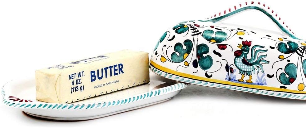 ORVIETO GREEN ROOSTER: Butter Dish w/cover [#1294-ORV] ~ Authentic hand painted in Deruta, Italy. Original design. Shipped from the USA with Certificate of Authenticity.
