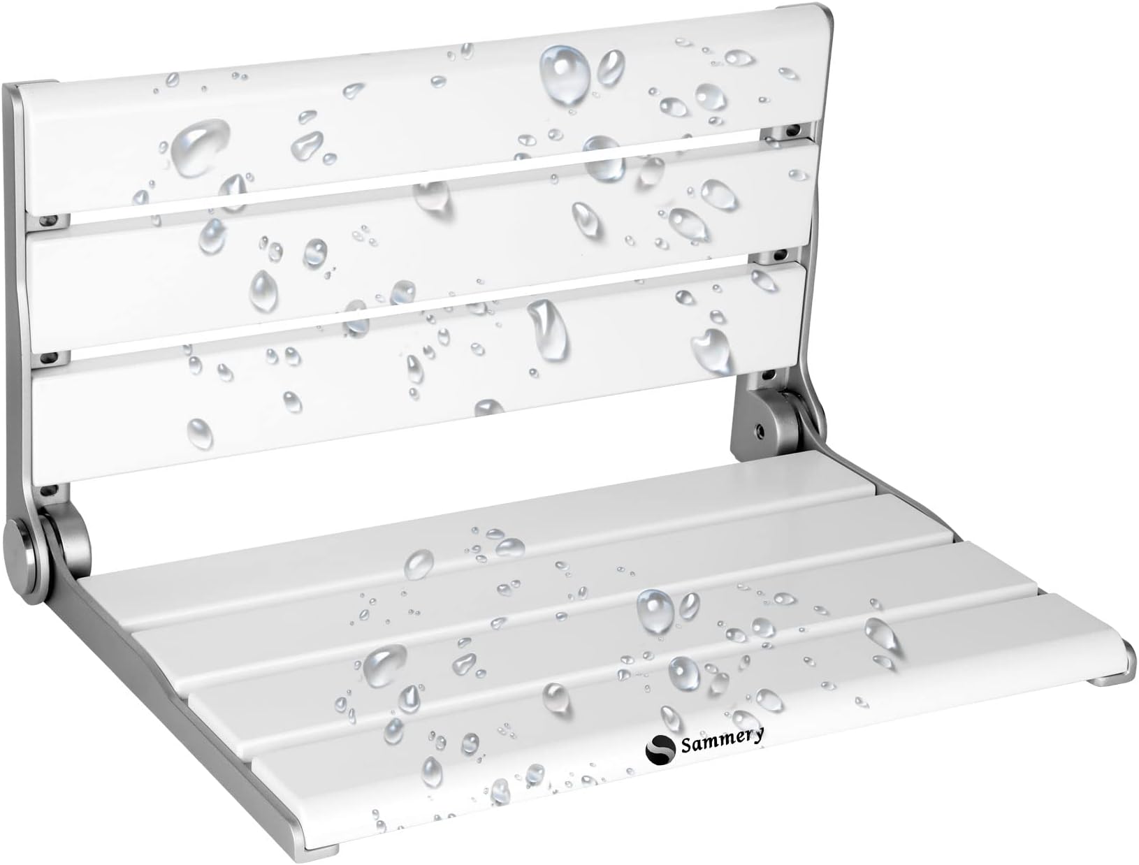 18" Teak Folding Shower Seat Wall Mounted,Fold Down Shower Bench for Small Shower Space, Home Care Teak Wood Stool for Inside Shower,Pregnants-Maximum Load 380lb (White&Silver)