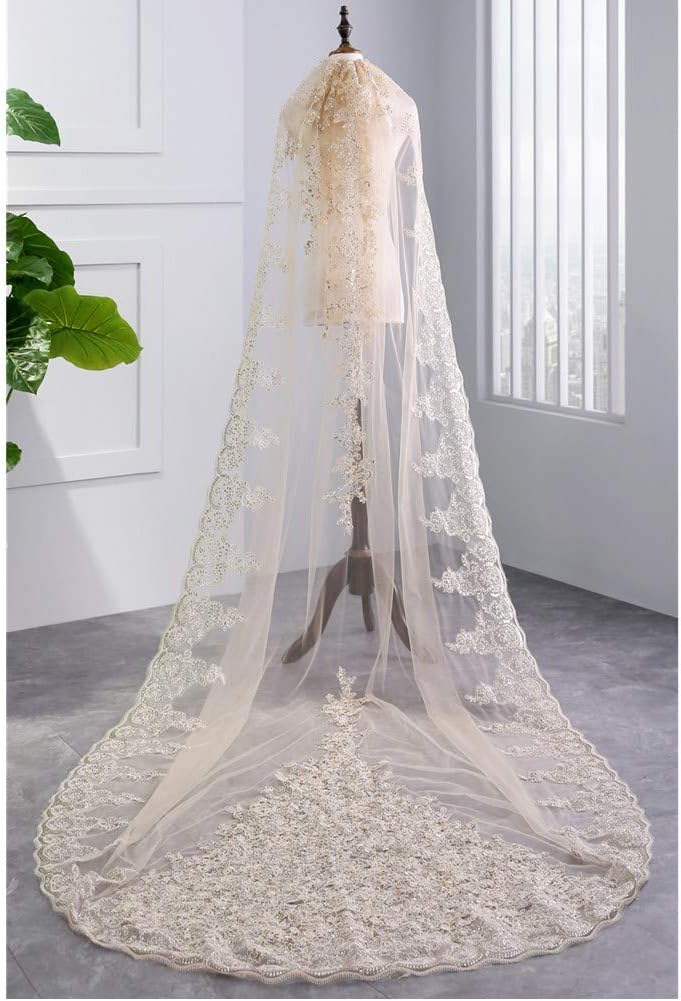 DXYAN Bridal Veils 3M/3.5M/4M/4.5M/5M Lace Edge Appliques Sequin Chapel Wedding Accessories Bridal Veil,Champagne,3 * 1.5M