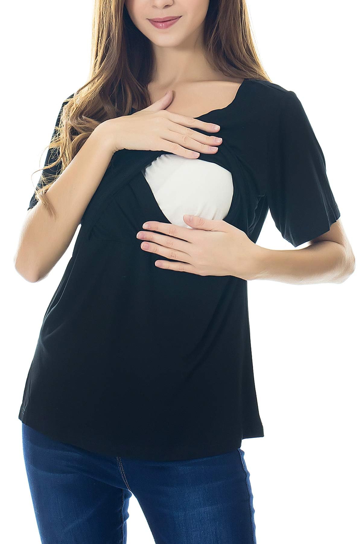 MMBABY, Top premaman per allattamento al seno, a maniche corte (nero, L), XX-Large