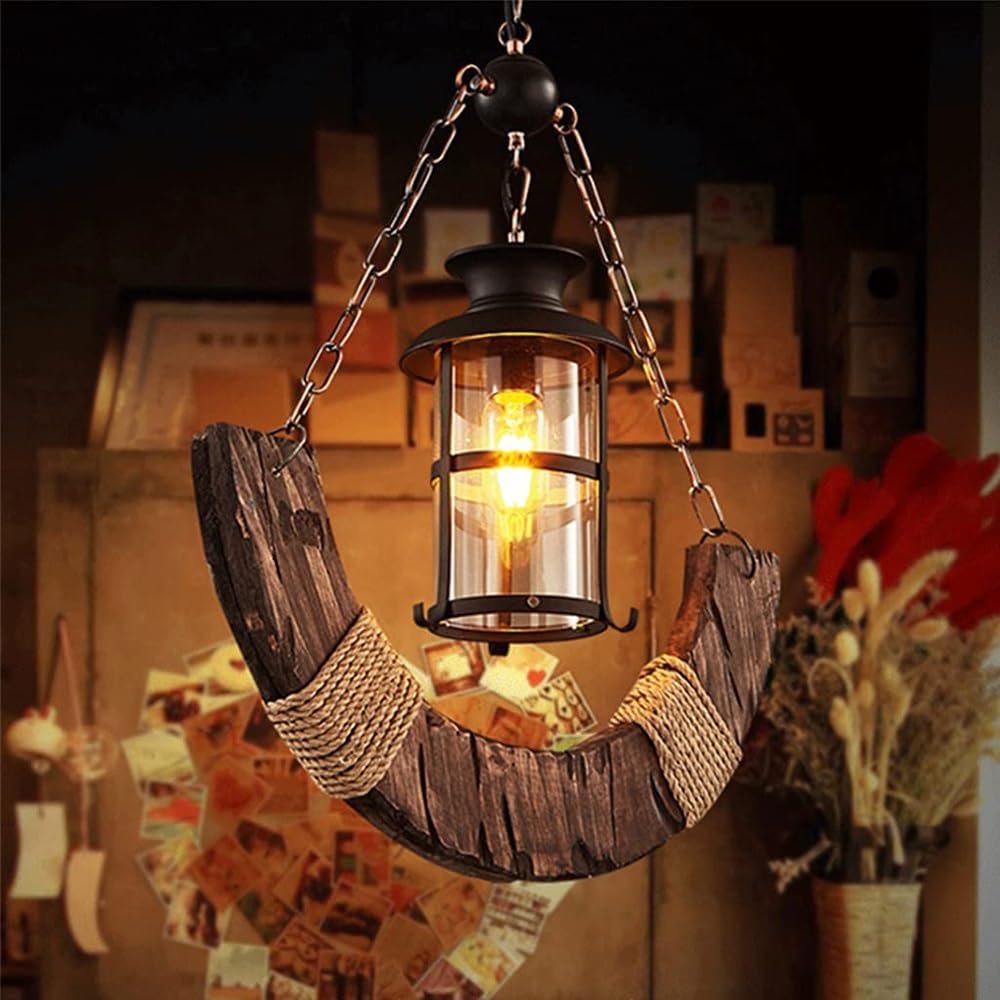 Générique LAUMZX Lustre rustique en bois à 1 lumière, suspension industrielle forme de lanterne croissant