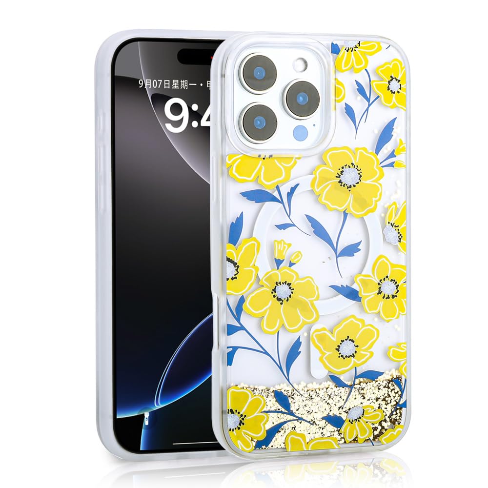 Zore Apple için uyumlu iPhone 15 Pro Max Kılıf Sıvılı Simli Baskılı Şeffaf Arka Yüzey Zore Mossa Silikon Kapak Sarı