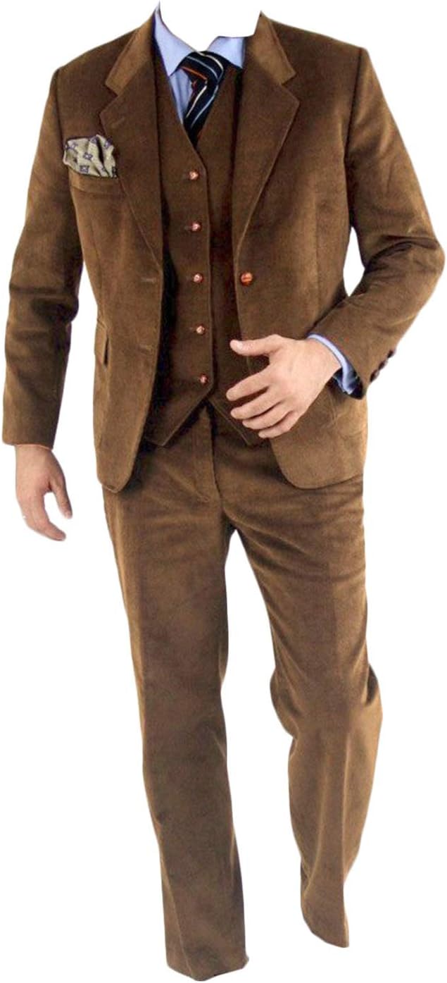 GATMSTZ Men's Trendy Regular Fit 3 Piece Suit Corduroy Wedding Blazer Vest Pants(Brown,50R)