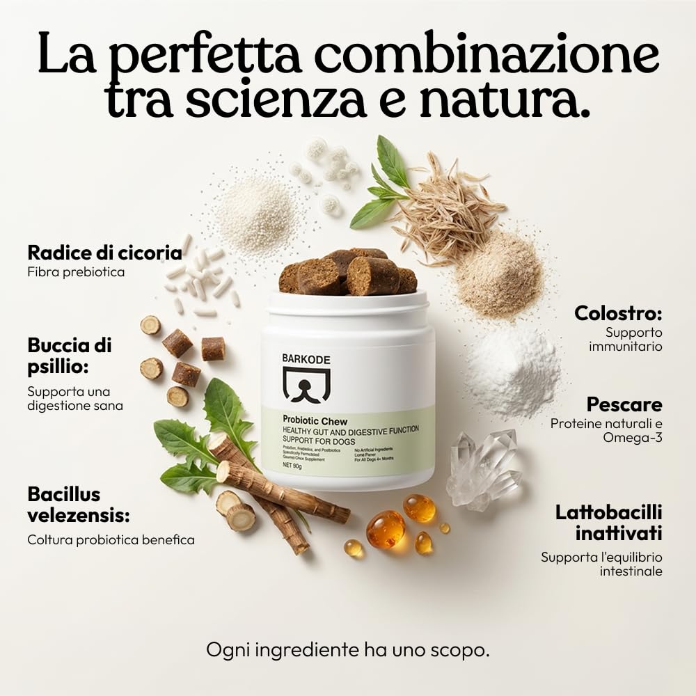 BARKODE Probiotico per Cani – Integratore Digestivo con Probiotici, Prebiotici e Postbiotici, Supporta Microbioma Intestinale e Digestione, Gusto, Senza Coloranti Artificiali, Prodotto in UE