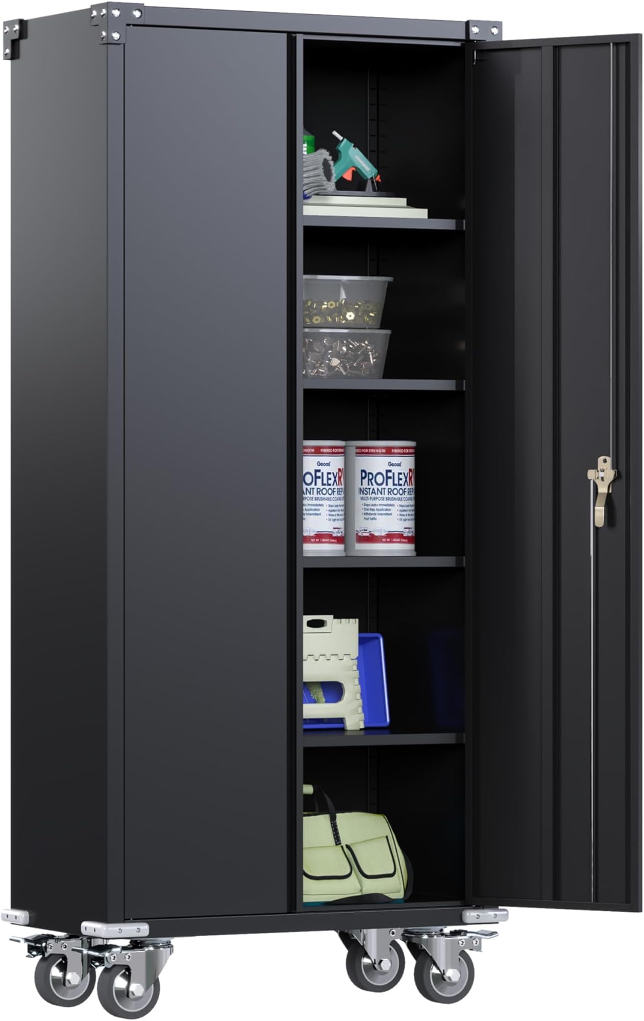 SUXXAN Metal Garage Cabinet with Wheels and Pegboard 71'' x 32'' x 16'', Lockable Rolling Steel Cabinet with 5 Adjustable Shelves and Door for Garage, Office, Kitchen, Assembly RequiredRecycled Claim Standard 100