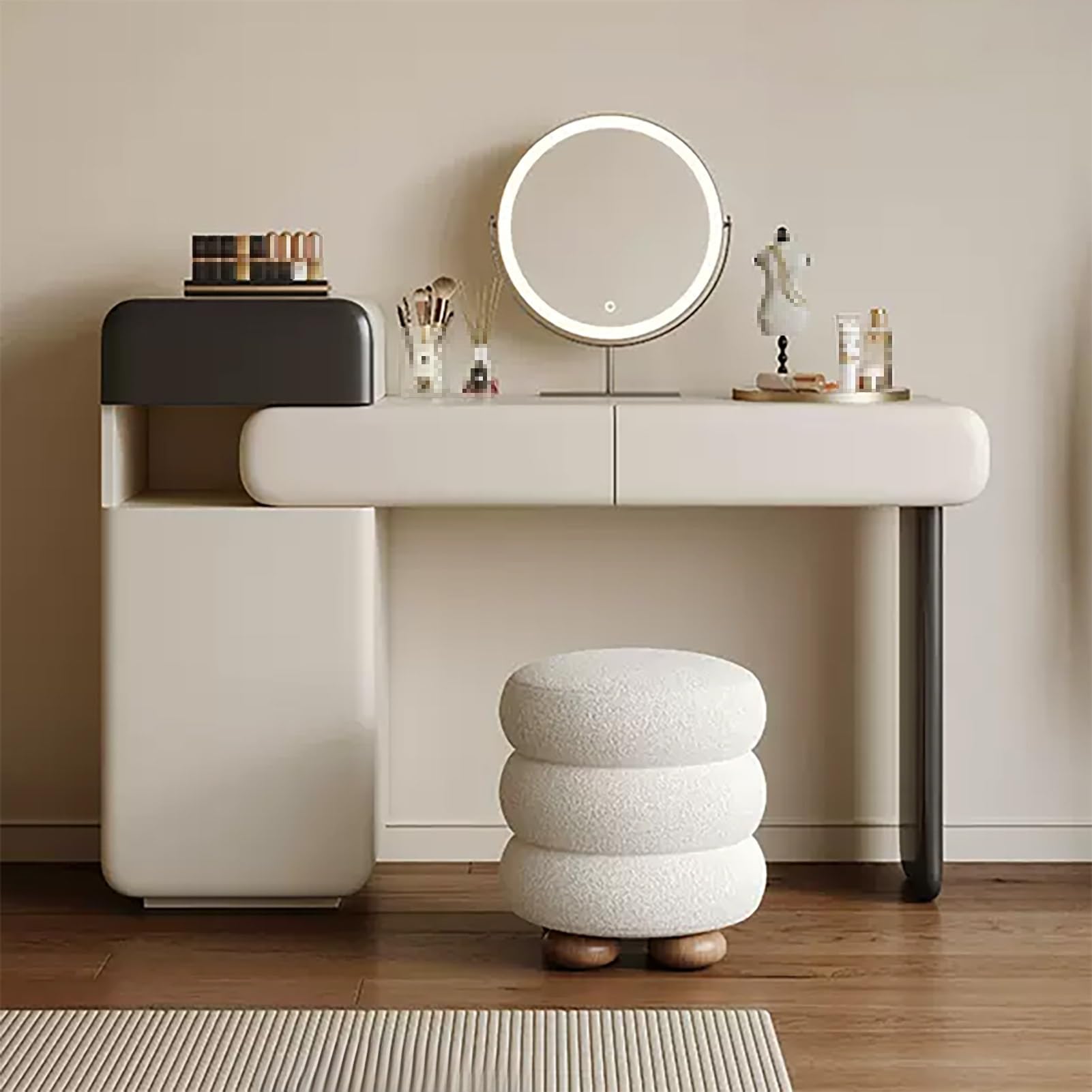 CGCSYZ Vanity Table, Makeup Vanity Desk with Side Cabinet, Dressing Table with Round Mirror, Three-color Dimmable, Makeup Table with Stool, Vanity Dresser Table for Women(90cm/35.4in)