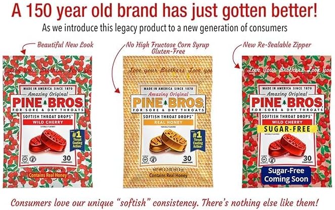 Miniatura 2 de Pine Bros. Gotas para el dolor de garganta, 30 unidades, 24 bolsas, 8 sabores de cereza silvestre, 8 miel, 8 sin azúcar de cereza