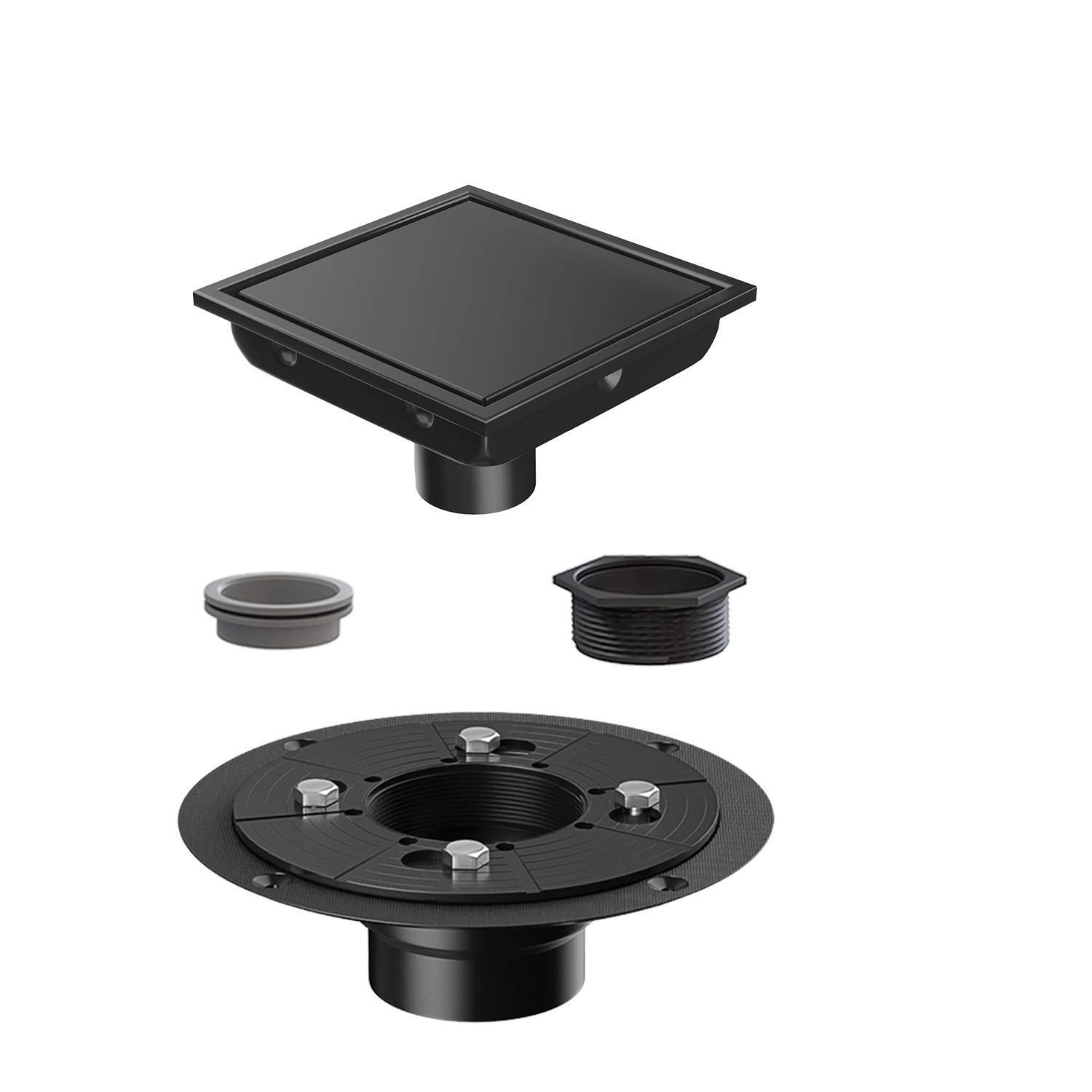 USHOWER4 Inch Square Shower Drain, Tile-Insert Removable Shower Floor Drain with Drain Flange Kit, SUS304 Stainless Steel Drain with Reversible 2-in-1 Cover, Matte Black