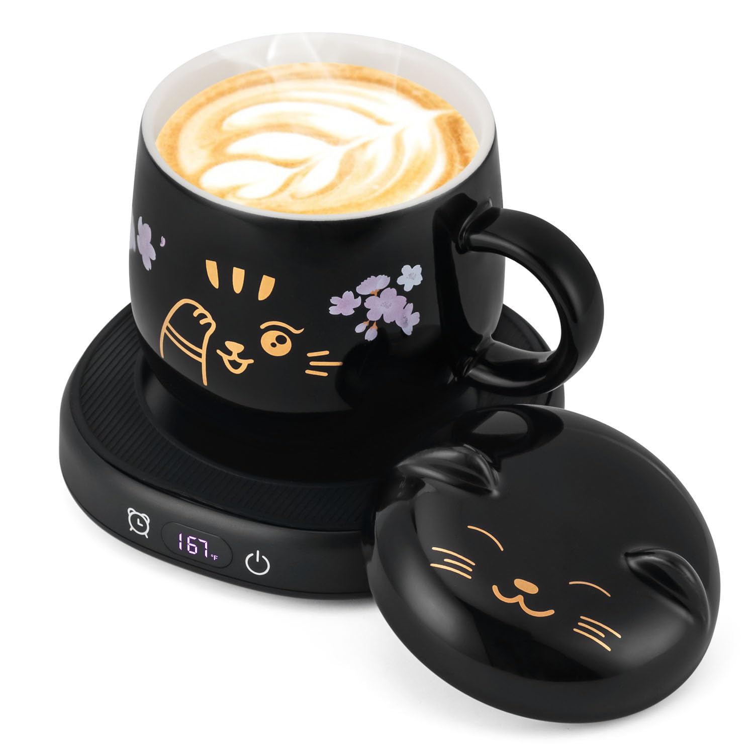 Coffee Mug Warmer & Cute Cat Mug Set, Electric Cup Warmer for Desk with Auto Shut Off, 4 Temperature Setting & 8h Timer Smart Tea Beverage Warmer for Coffee Office, Ideal for Men Women Birthday Gifts