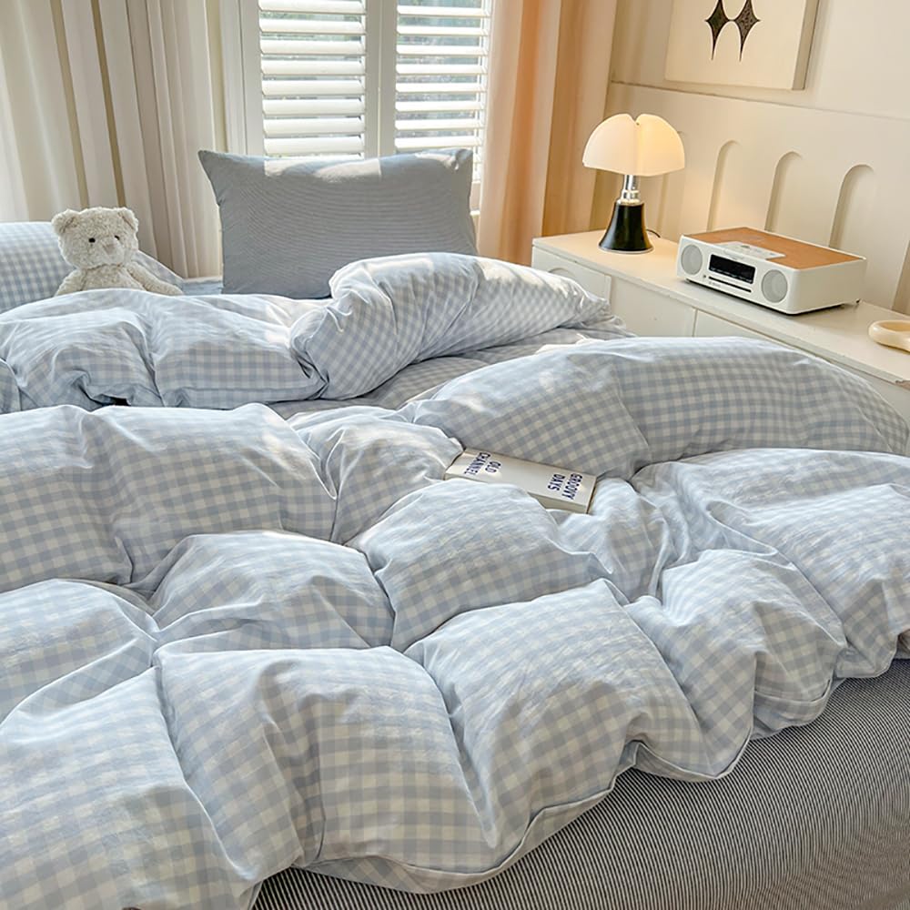 biancheria da letto, 220 x 240, in microfibra, motivo geometrico a quadri, stile country, con fantasia a quadretti, rinforzata, in microfibra lavata, copripiumino e 2 federe per cuscini da