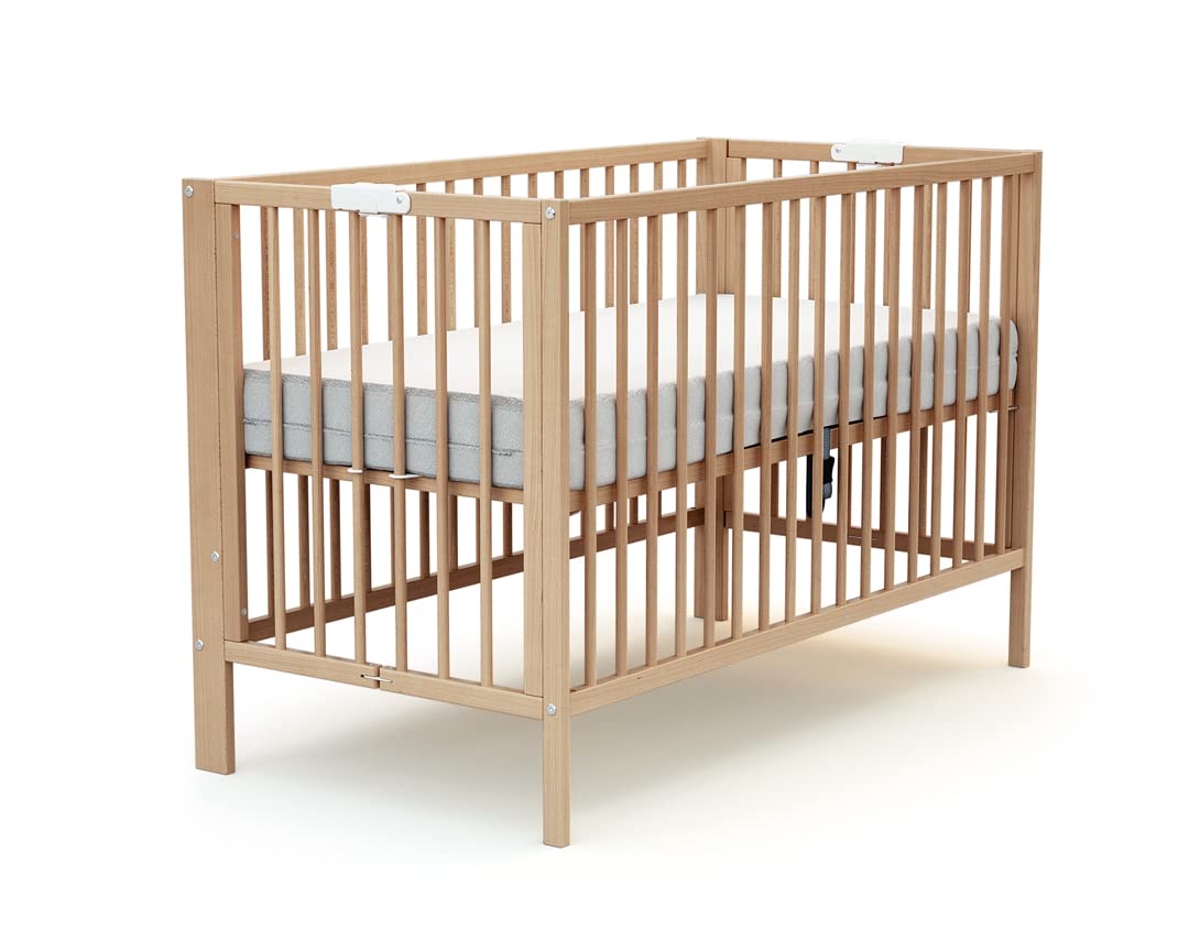 AT4 - Lit bébé Pliant 60x120 Essentiel Hêtre Verni | 124 x 64 x 82 cm | Lit Pliable | Sommier réglable 2 Niveaux intégré au lit (Beige, Lit bébé)