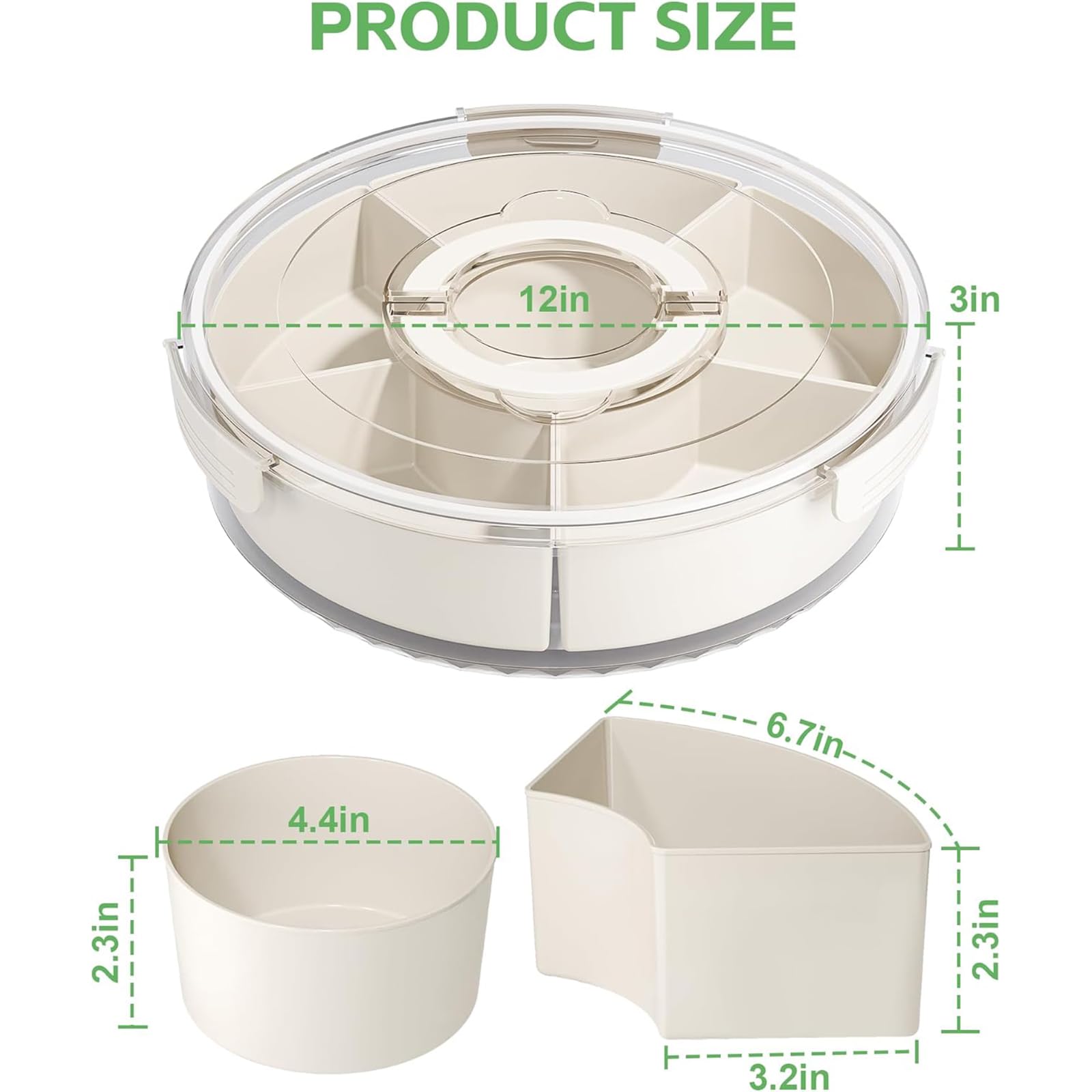 Plateau de service rotatif divisé avec couvercle et poignée, récipient alimentaire portable avec 6 compartiments – Parfait pour les repas, les collations et les voyages – Design facile à