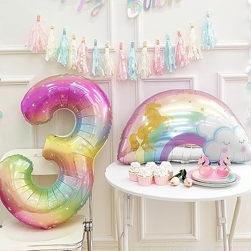 Miniatura 6 de Decoraciones de fiesta de cumpleaños de tercer cumpleaños de unicornio para niña, juego de globos temáticos de fiesta de unicornio morado y rosa,