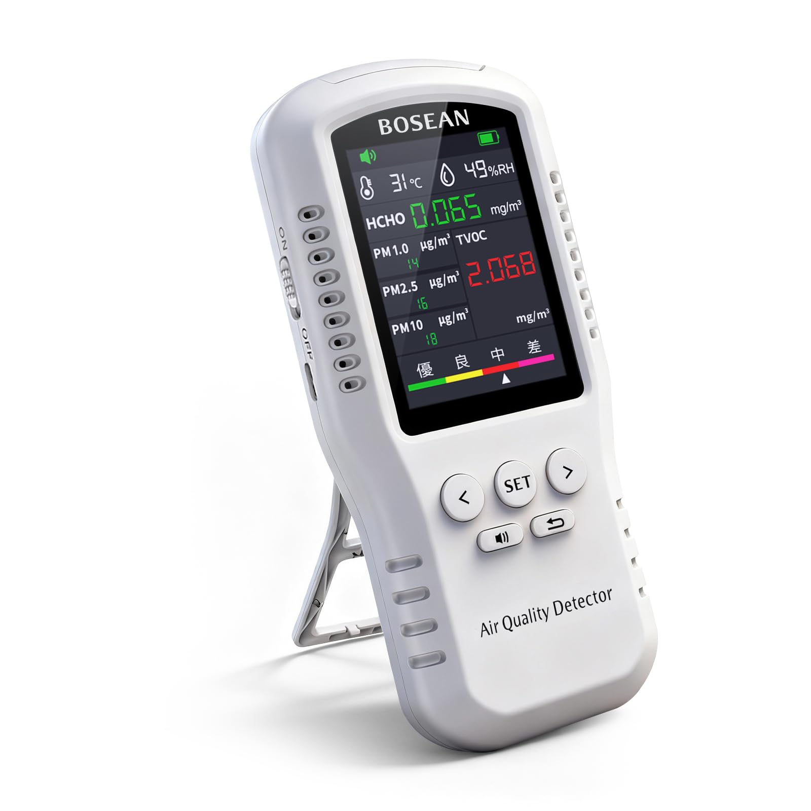 BOSEAN 臭気測定器 空気測定器 測定器 pm2.5 TVOC HCHO 温度 湿度 臭気計測器 データで視覚化 ホルムアルデヒド ブレスチェッカー 匂いチェッカー 臭いセンサー 匂いセンサー 測定 ニオイチェッカー 匂い測定器 LCD大画面ディスプレイ 多機能 室内空気質モニター 空気質検査器 家庭 オフィス 倉庫 台所 車 日本語と英語 切り替え可能 USB充電