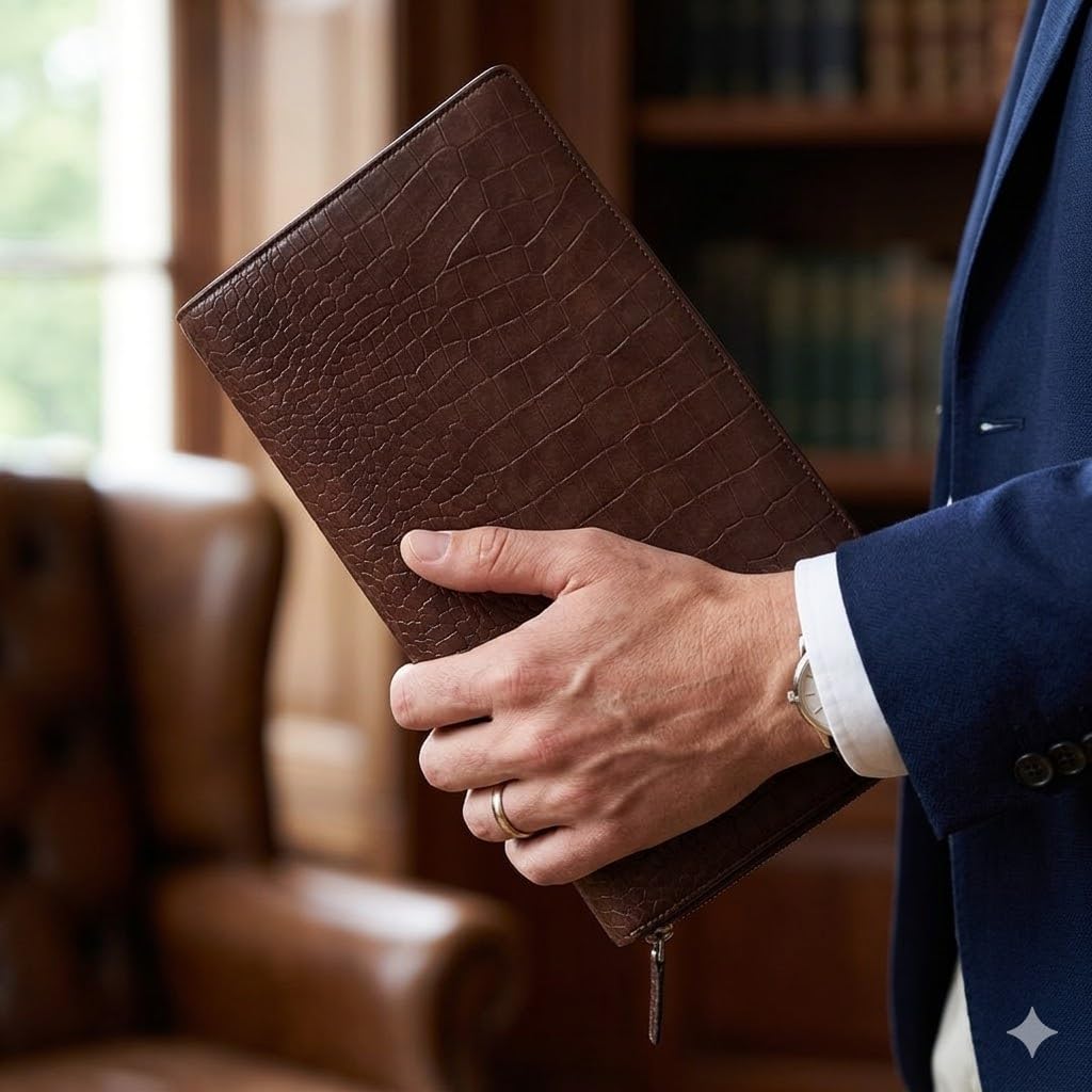 essart Astuccio in pelle PU di alta qualità, per uomo e donna, con 36 scomparti, con cerniera, per scuola, lavoro e ufficio, colore marrone coccodrillo