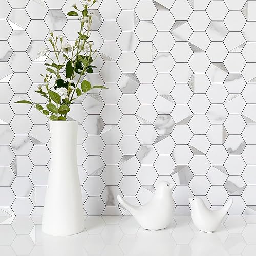 Miniatura 2 de DICOFUN Azulejos hexagonales de 10 hojas para despegar y pegar, aspecto de mármol blanco, azulejos de mosaico de metal plateado mezclado con PVC