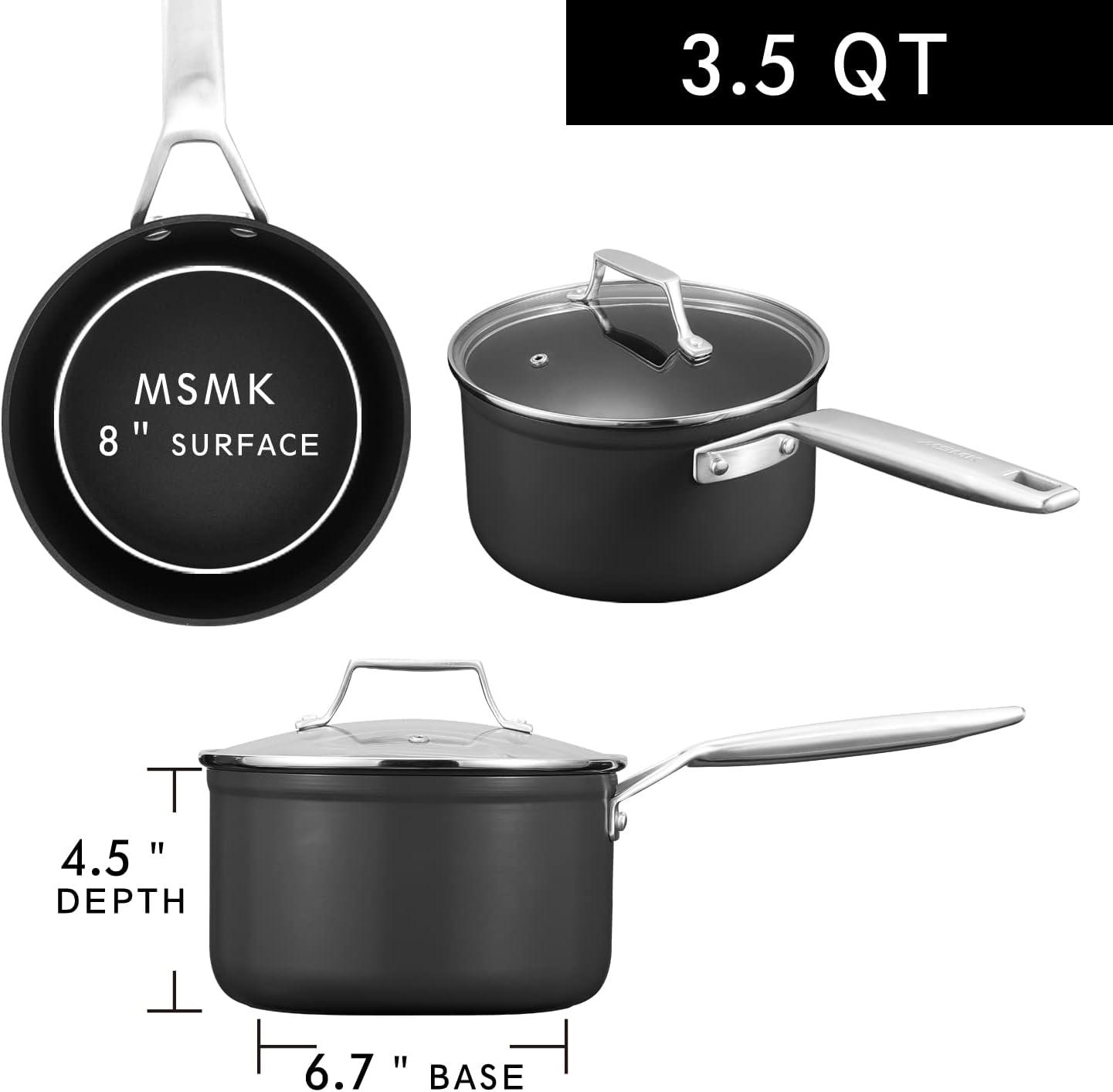 MSMK 1.5 Quart Saucepan and 3.5 Quart Saucepan with lid, Burnt also Non stick, Induction, Scratch-resistant, Small Cooking Pots