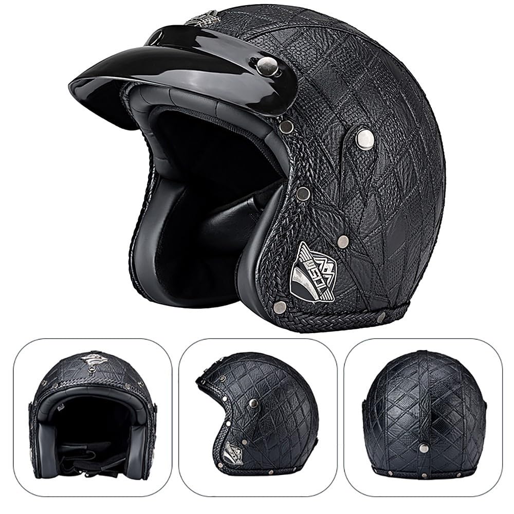 Casco de Cara Abierta para Motocicleta, Medio Casco Aprobado por ECE con Gafas, Cuero Casco De Motocicleta, Estilo Retro Vintage, Casco de Motor Jet para Hombres Y Mujeres