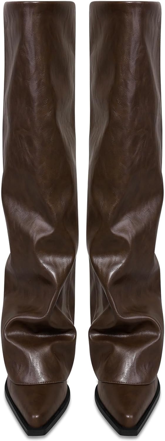 Women's Fold Over Knee High Boots Wide Calf Chunky Heel Long Boots Women Pointed Toe Dress Tall Boots for Women Slouchy Shark Boots - Image 3