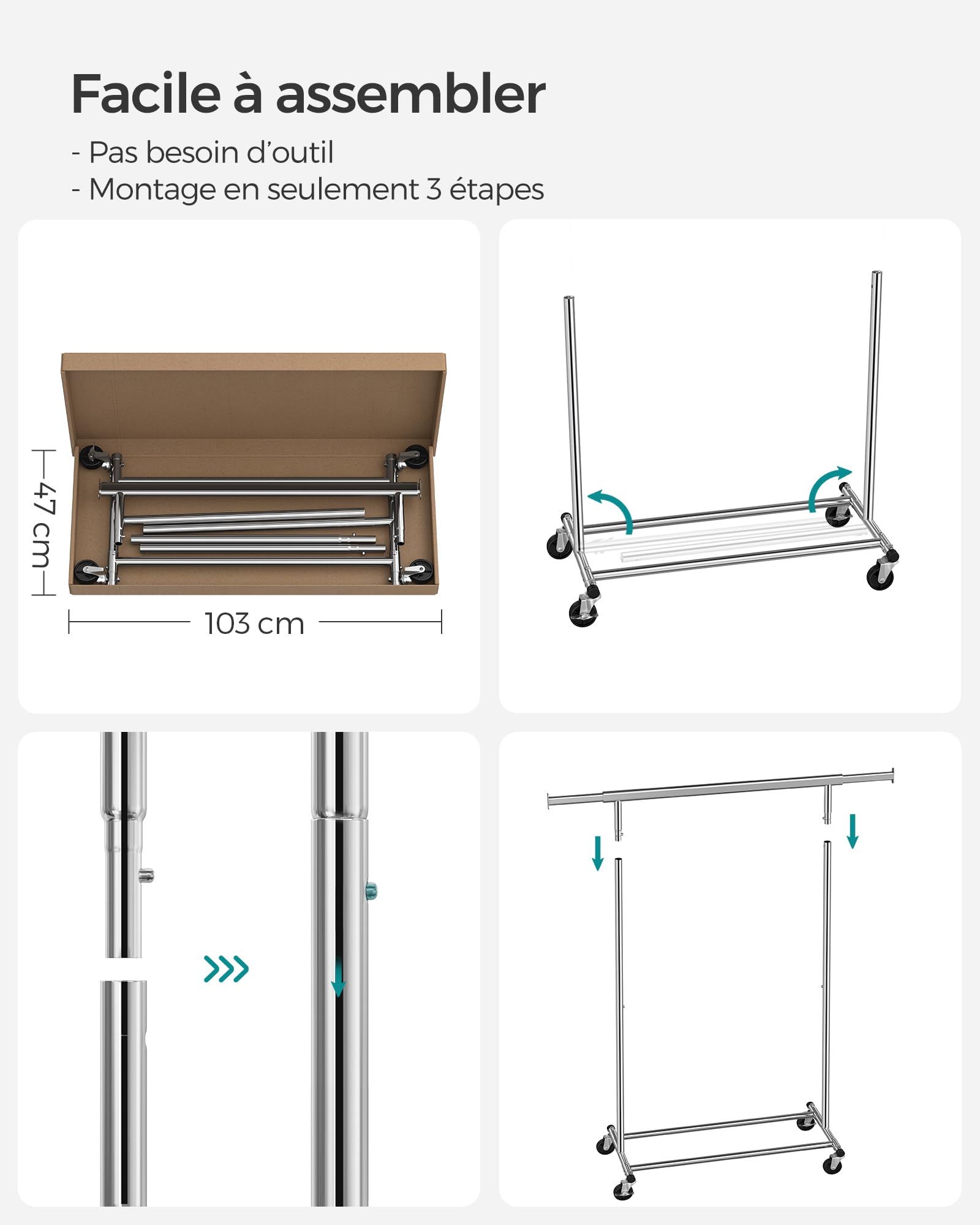 SONGMICS Portant à Vêtements avec Roulettes, Tringle Extensible pour Charge Lourde, Porte-manteau, Capacité de Charge 100 kg, 45 x (92-132) x 161,5 cm, Montage Facile, Argent HSR13S