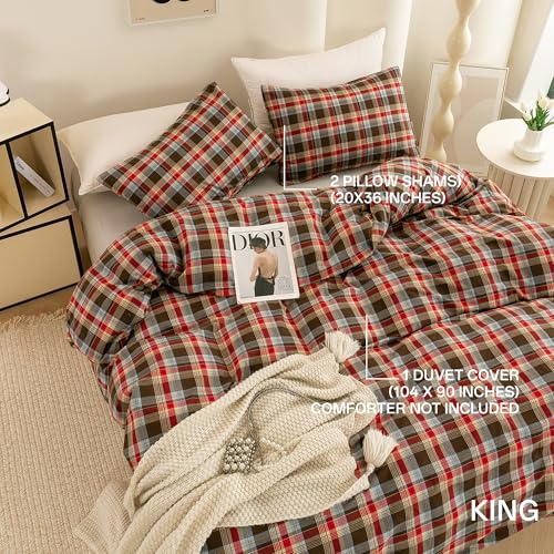 Image of ECOCOTT Buffalo Plaid Duvet Cover King Size- 3 Piece Washed Cotton Bedding Set with Classic Checkered Pattern, Red & Brown Duvet Cover with Pillowcases for All Seasons