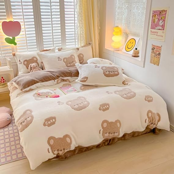 HLGBDE Plush Cute Kids Duvet Cover Set Full Brown Love Bear
