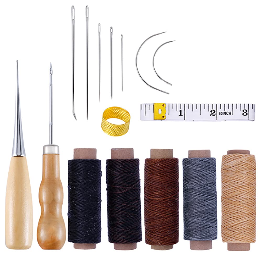 Ancllo Light Leather Waxed Thread Cord 1Mm Hand Sewing Needles Kit With 330 Yards Sewing Waxed Thread Cord Drilling Awl Thimble Leather Craft Hand Tools Kit For Upholstery Carpet Canvas Diy Sewing