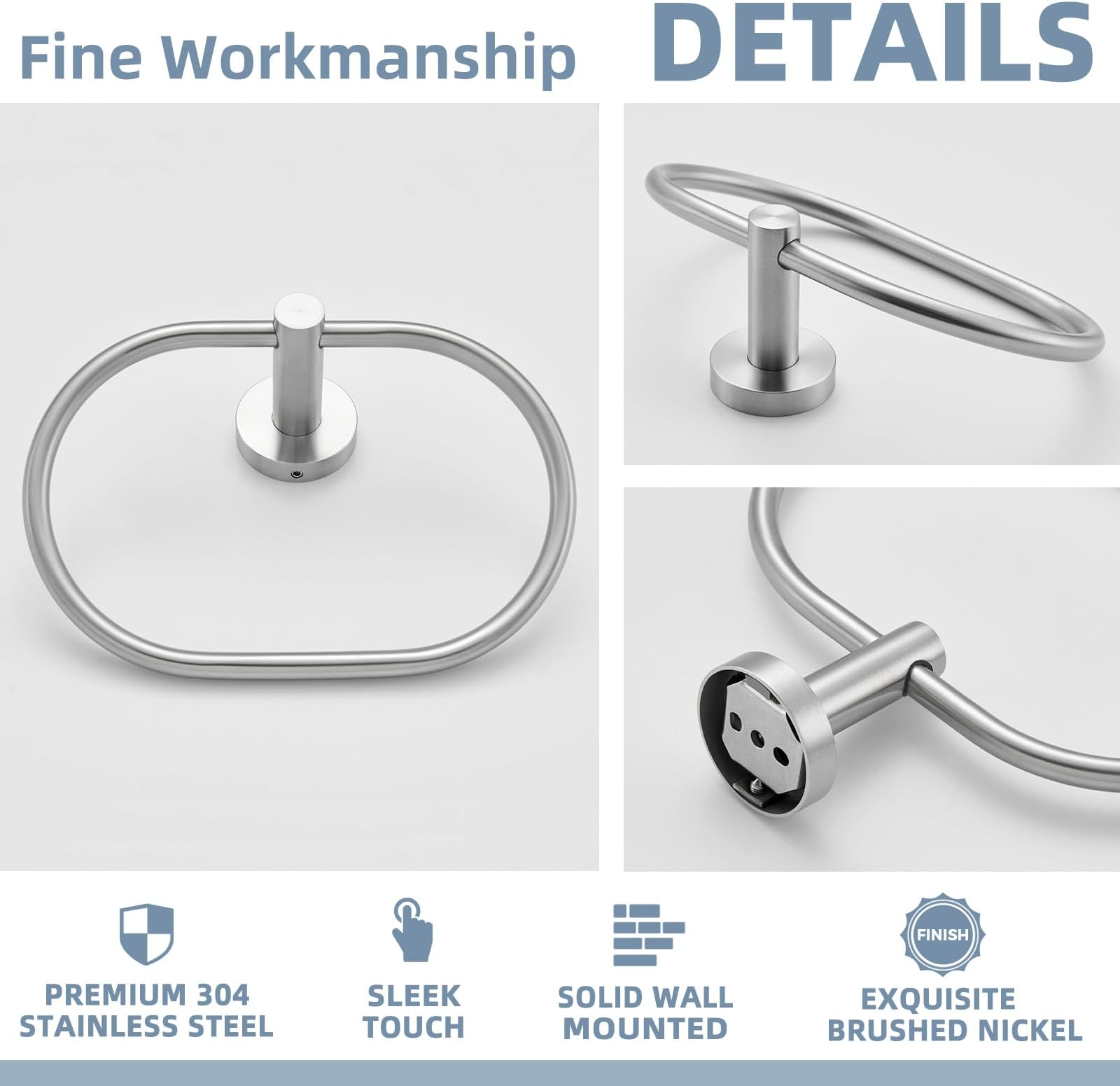 APLusee Oval Towel Ring Brushed Nickel, 304 Stainless Steel Towel Holder for Bathroom Kitchen, Wall Mounted