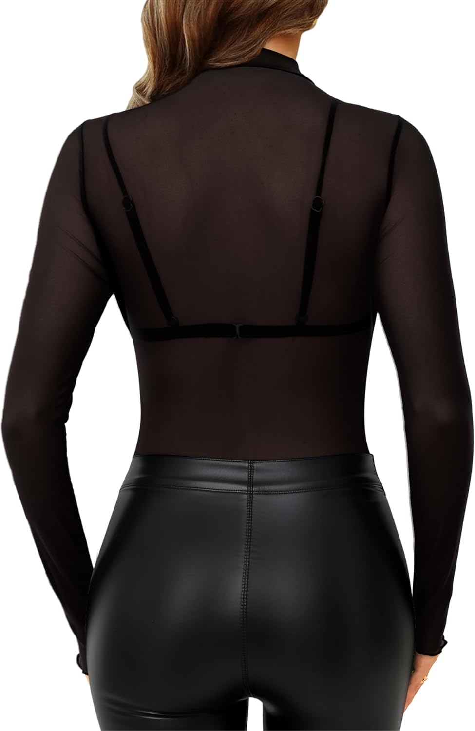 Elesomo Women Sheer Top Mesh Long Sleeve Shirts Mock Neck Fall Spring Blouses - Image 2