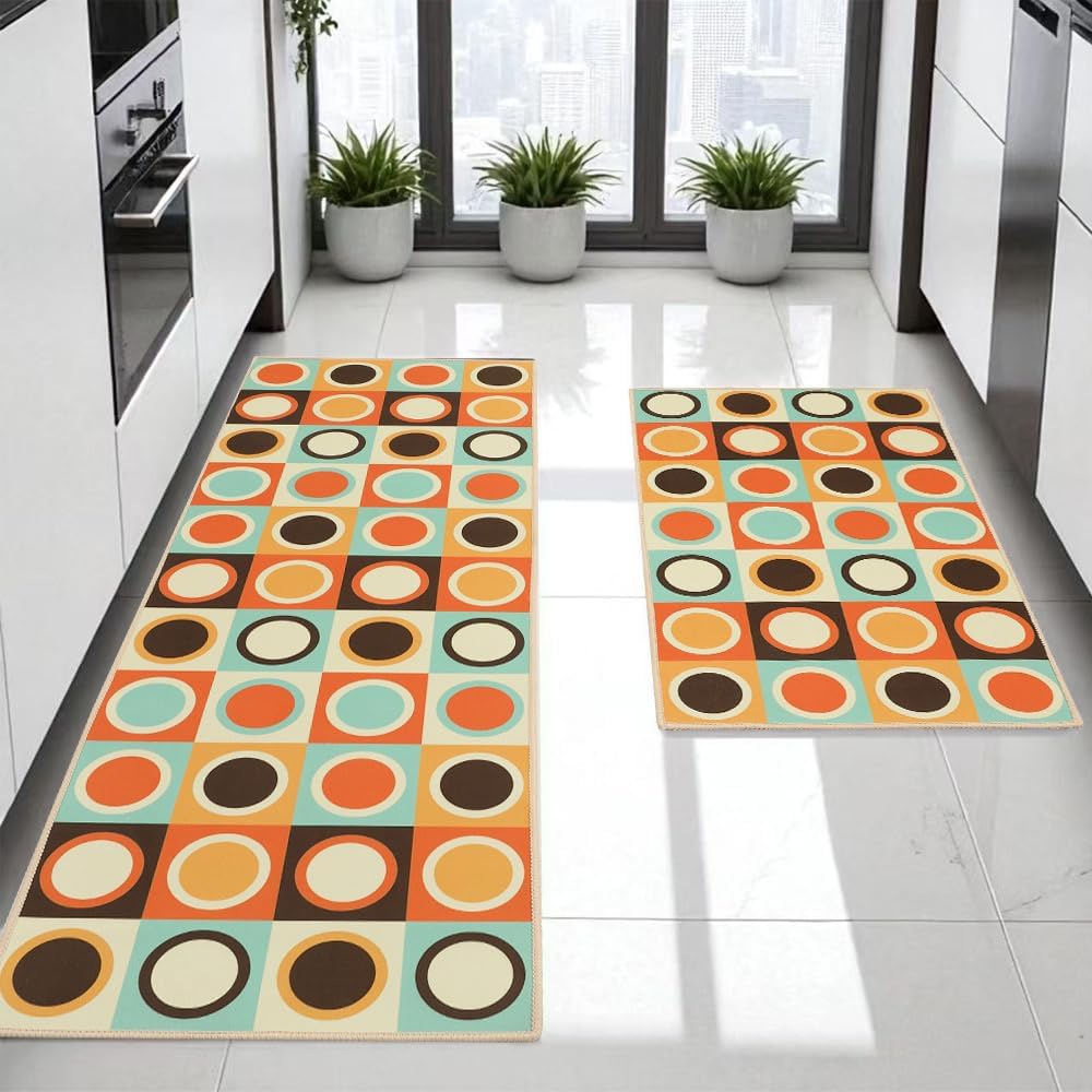 Retro Mid Century Modern Fifties Sixties Kitchen Mats and Rugs Set of 2, Colorful Retro Floor Mats for Kitchen Sink Home Decor Cute Kitchen Rug Non Slip Washable, 17"x29"+17"x47"
