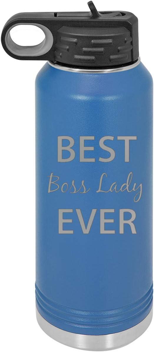 CustomGiftsNow Best Boss Lady Ever Double Wall Insulated Stainless Steel Engraved Sports Water Bottle with Flip Top Lid, Straw