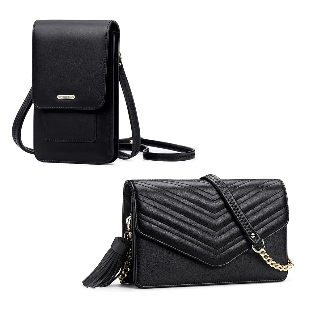 Peacocktion Black Small Crossbody Cell Phone Purse Bag + Black Quilted Crossbody Purse Wallet for Women