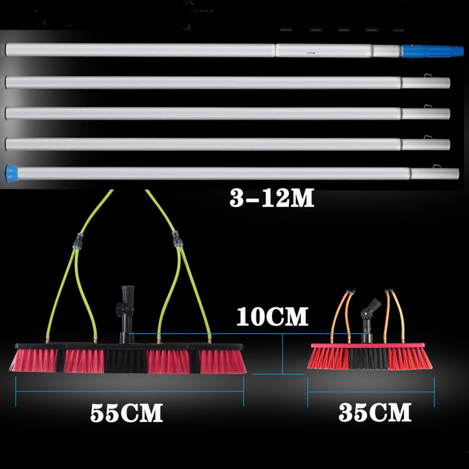Cepillo telescópico de Lavado de 3-12 m | Limpiacristales y Paneles solares | Cabezal de 35/55 cm | Manguera de 20 m | Ideal para terrazas, tejados, canalones y módulos f