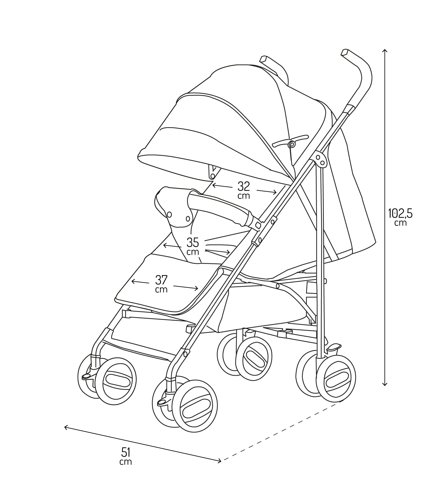 MoMi AKIRA Passeggino per bambini da 6 mesi (fino a 15 kg), cintura di sicurezza regolabile a 5 punti, borsa, cestino porta spesa, parapioggia e zanzariera.
