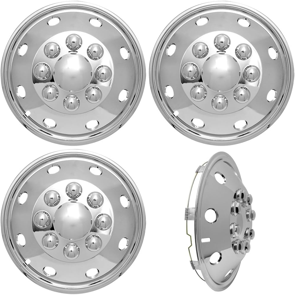 Fuel Rider Set of 4 Universal Polished Stainless Steel 16 inch Wheel Simulators with 360° Saw Tooth Clip Retention Truck Van RV Motorhome Wheel Covers