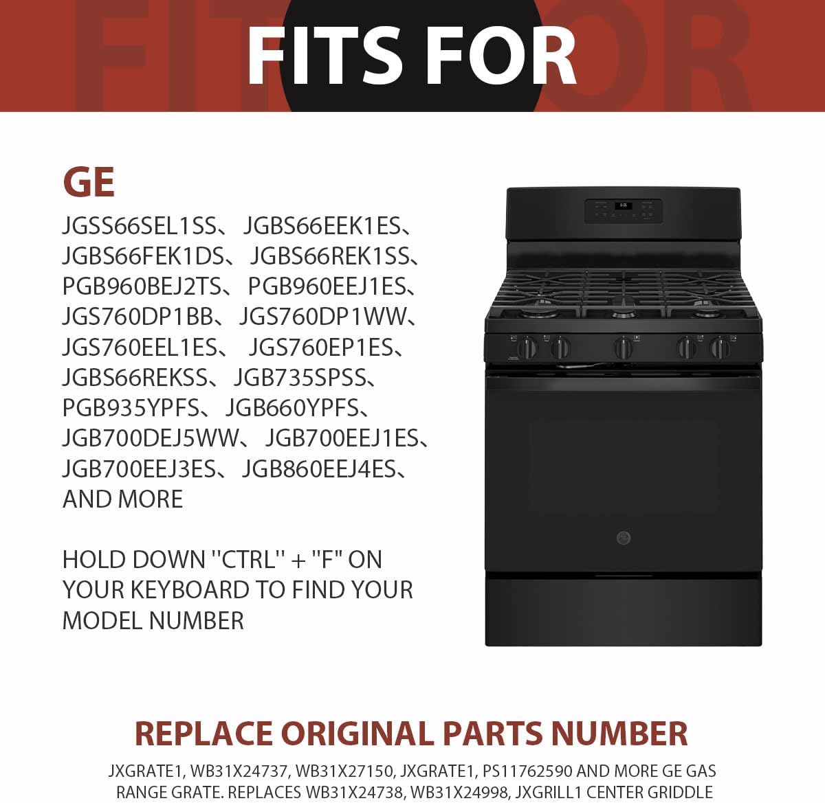 Premium WB31X27150 Cast Iron Gas Stove Burner Grate Replacement for GE Range Surface Stove Top Burner Center Grate Parts JXGRATE1 19.2"x9" WB31X24737 General Electric Stove Parts Cooktop Grate Rack