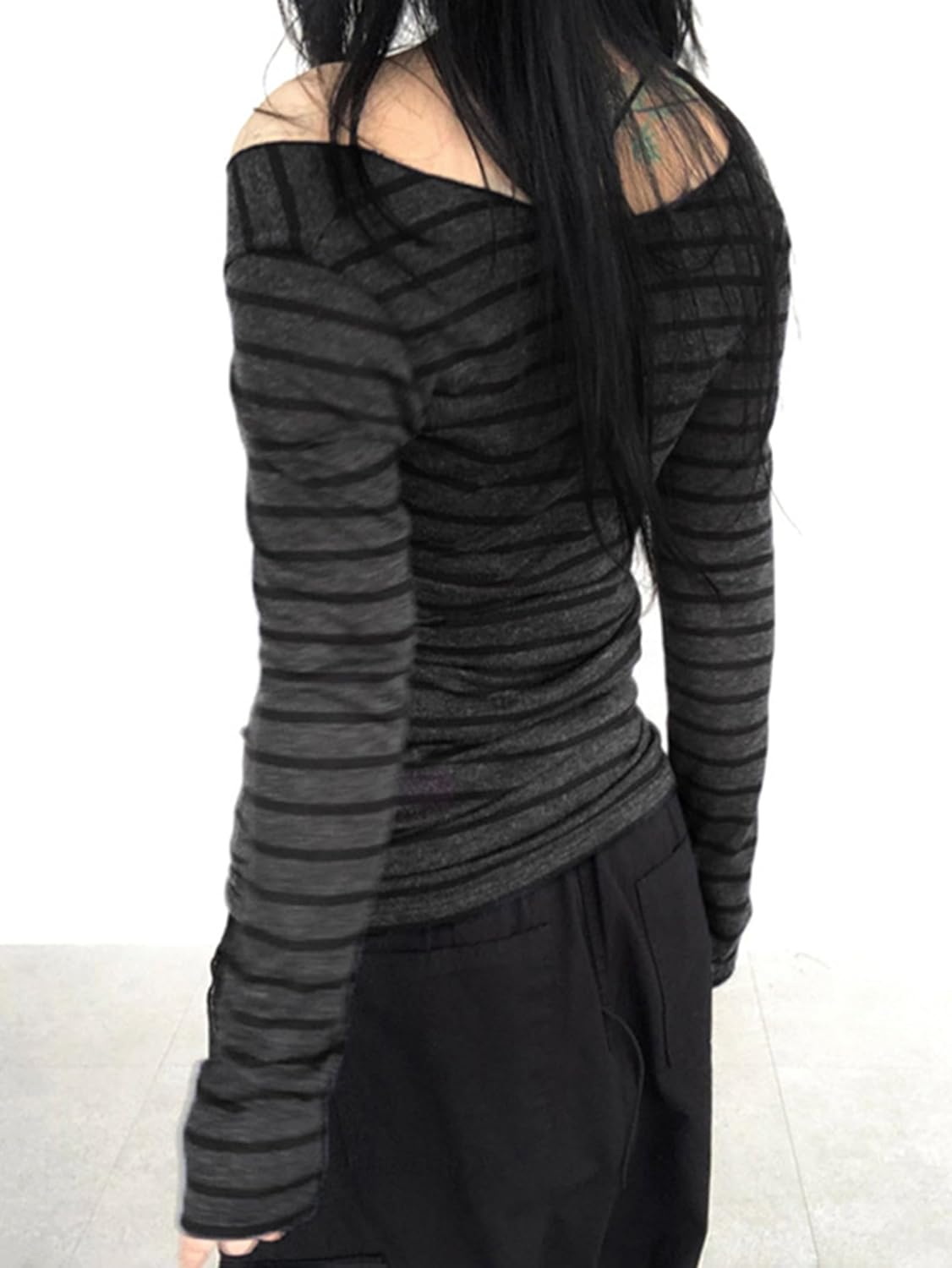 EMMIOL Off The Shoulder Tops for Women Striped Long Sleeve Shirts Going Out Top Y2k Fall Clothes - Image 3