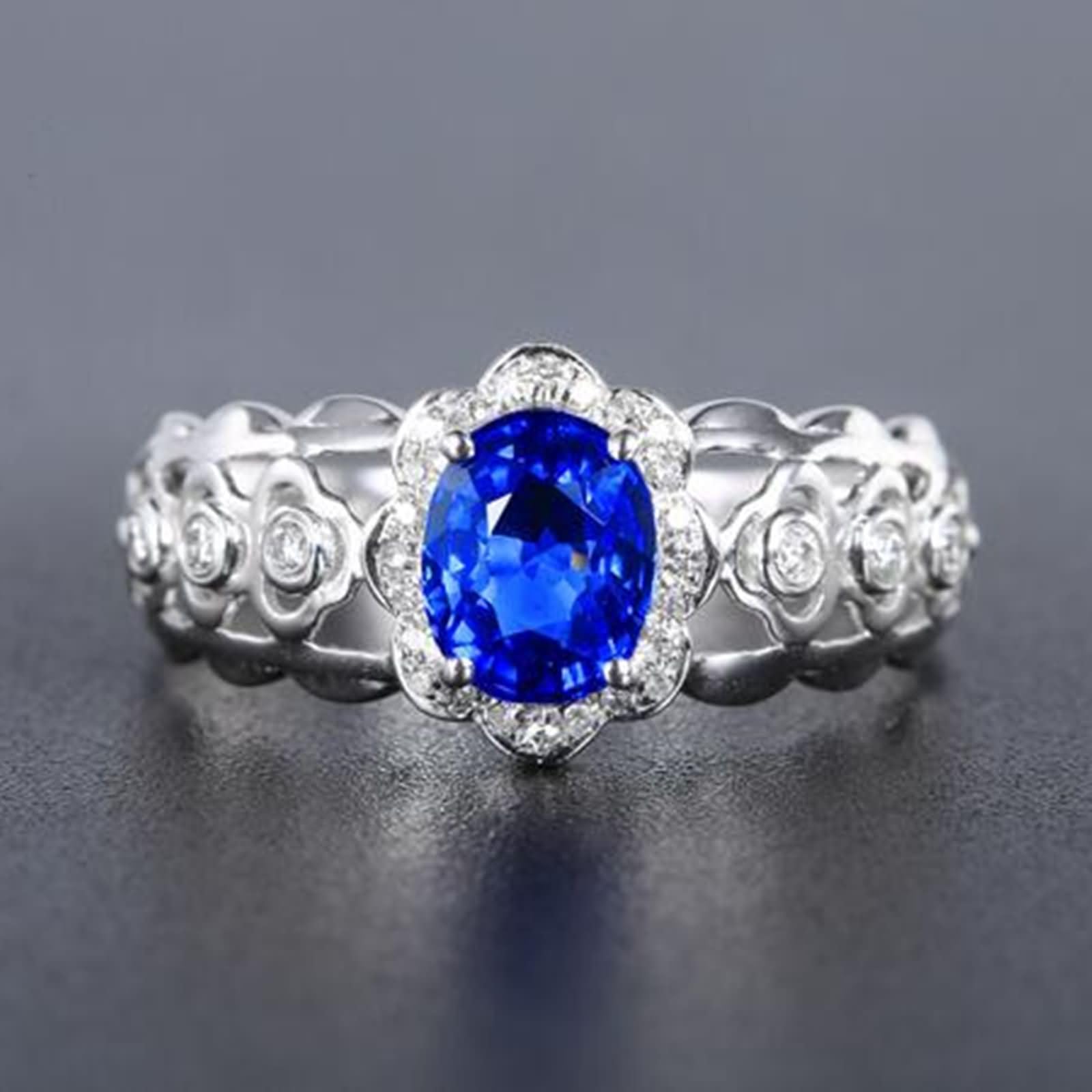 Daesar Anillos para Compromiso de Mujer con Hueco y Oval con Zafiro Creado de 1.1ct y Moissanita, Oro Blanco 9K/14K/18K, Anillos Alianza Plata Azul