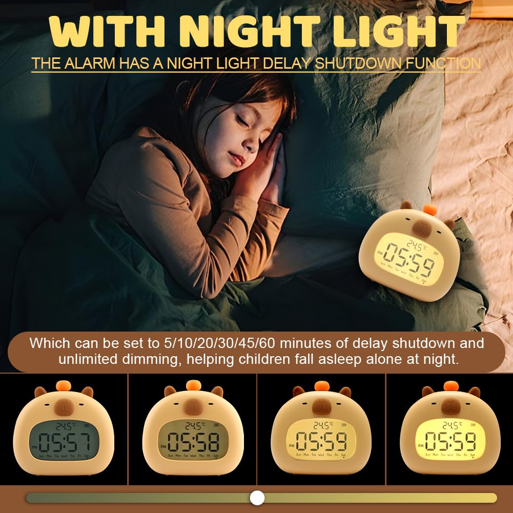 Reloj despertador para niños, bonito reloj de Capybara, reloj despertador para niños, reloj despertador Capybara con atenuación de luz nocturna, entrenador de sueño para niños, regalo de