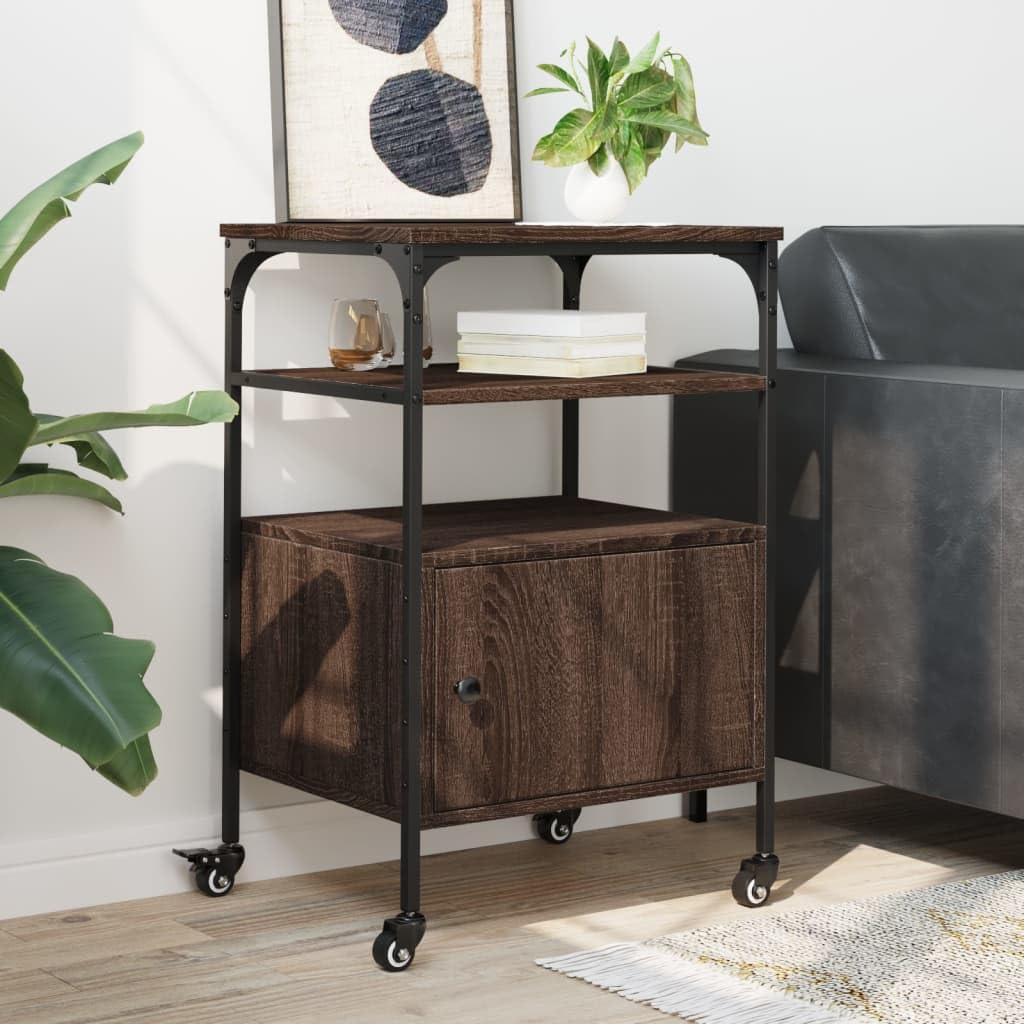 Druckertisch Braun Eichen-Optik mit 3 Ablagen, Druckerständer Büro 50x40x76 cm, Druckerregal aus Holzwerkstoff und Stahlrahmen, 4 Rollen mit 2 Bremsen, multifunktional