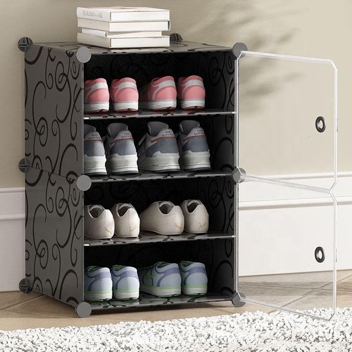 Image of KRISHYAM DIY Plastic Shoe Rack with Door Cover | 4 Layer Foldable Shoes Rack for Home | Dustproof Chappal & Slipper Stand | Multipurpose Organizer for Entryway & Bedroom(4 Shelves-2 Door (Black))